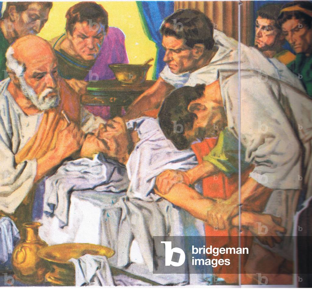 Hippocrates, from Knowledge Magazine, 1963 (colour litho)