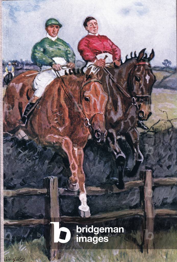 How we beat the favourite: Neck for Neck, from Poems of Adam Lindsay Gordon published by T. N. Foulis, 1912 (colour litho)