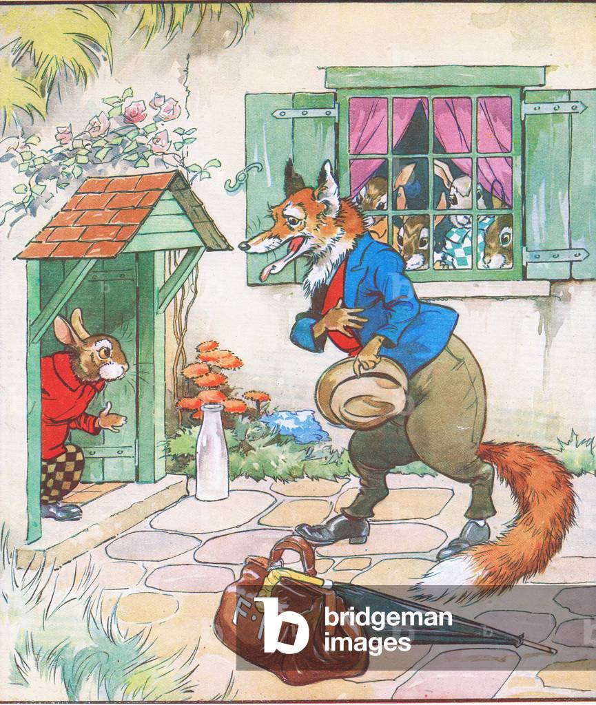 Furry answers a knock at the door, and saw Mr Foxy, from The Funny Bunnies published by Raphael Tuck, c. 1920 (colour litho)