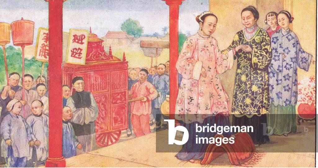 Exotic Marriage Costumes: A Chinese marriage, from colour Liebig postcard (colour litho)
