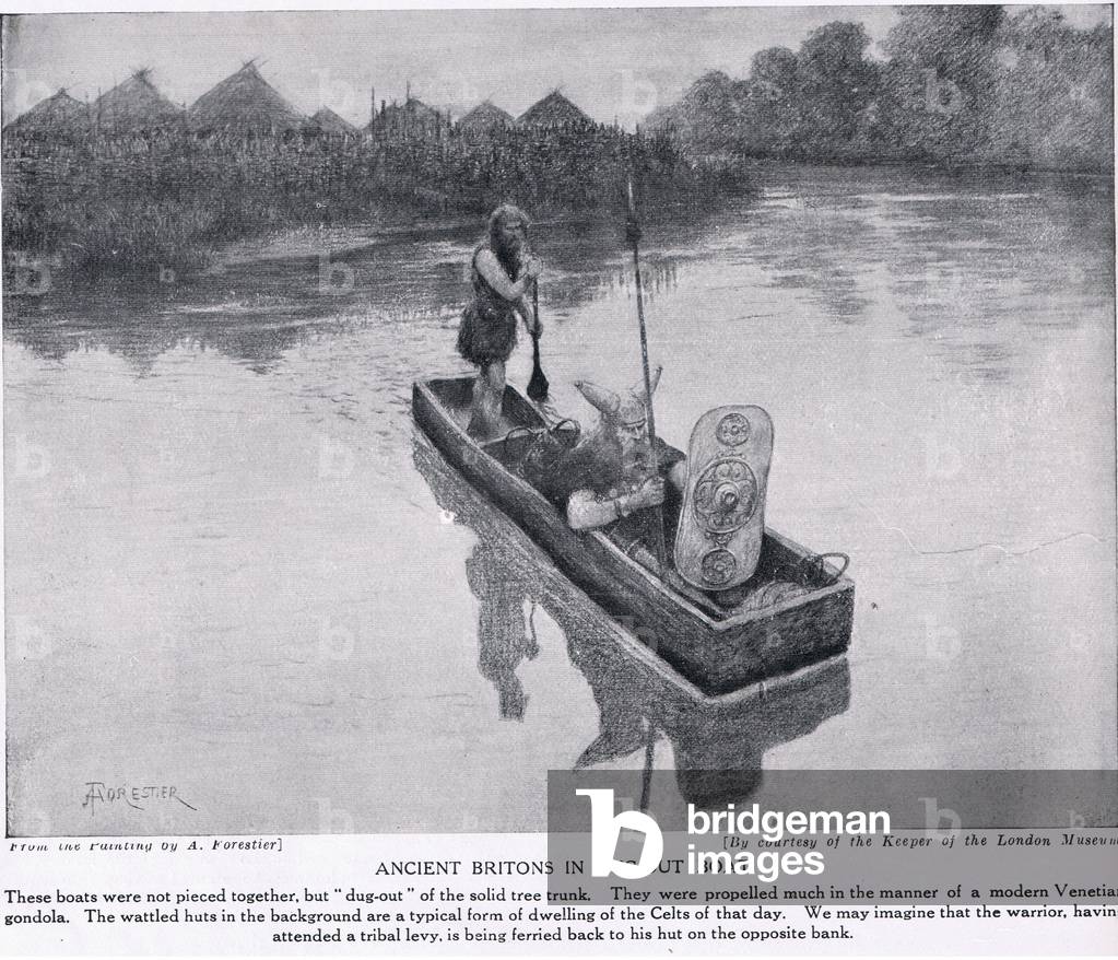 Ancient Britons in dug-out boat, illustration from 'Hutchinson's History of the Nations', c.1910 (litho)