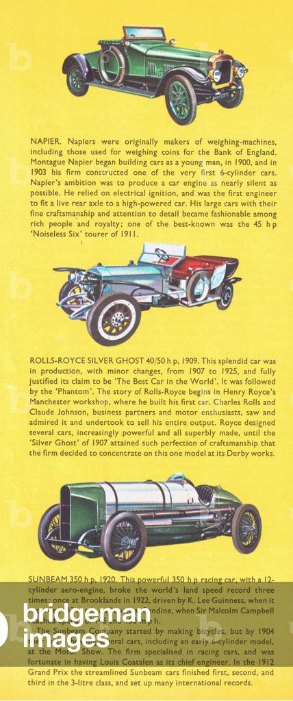 British veteran and vintage cars: Napier, Bentley, Rolls Royce Silver Ghost and Sunbeam, from Knowledge Magazine, 1963 (colour litho)