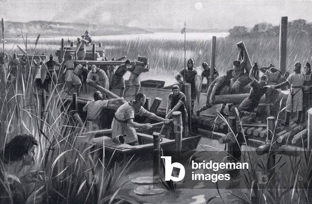 The building of William's causeway at Ely, 1920's (litho)