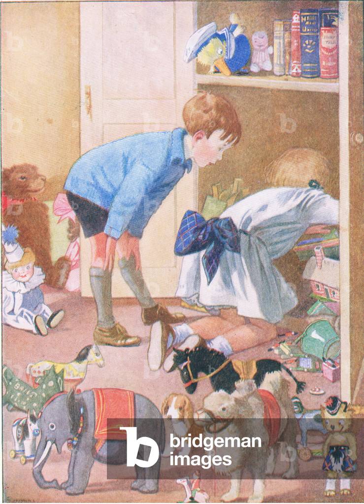 We hunted in the cupboard, and at last found him, illustration from Josephine, John and the Puppy published by Blackie & Son Limited, c.1940 (colour litho)