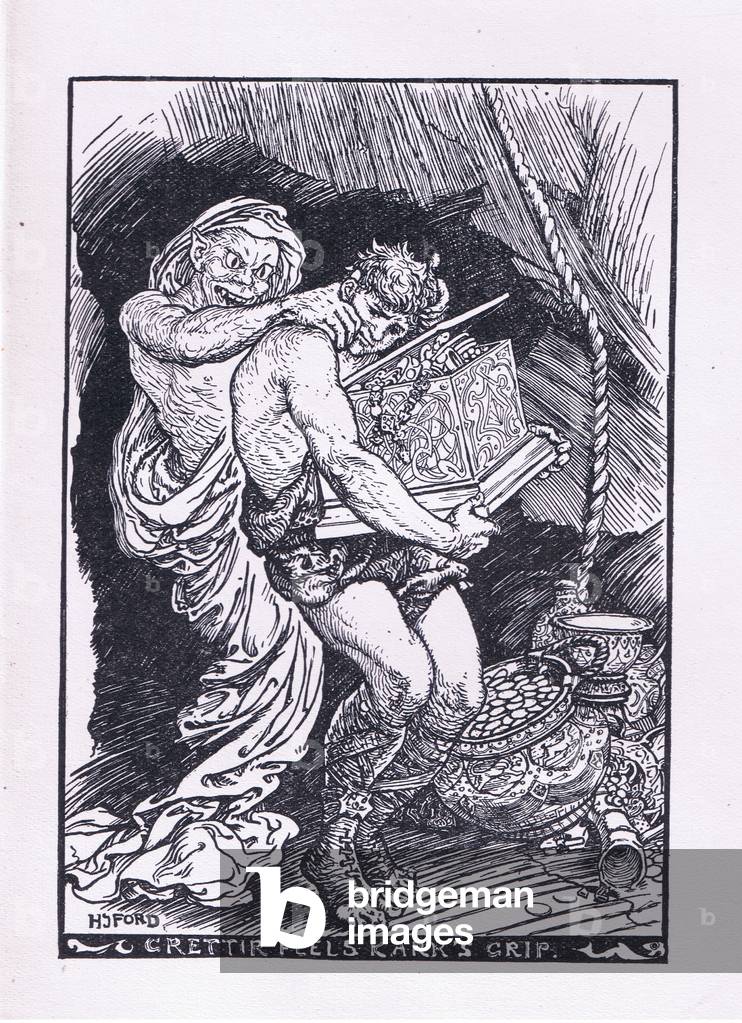 Grettir feels Karr's grip, illustration from The Book of Romance published by Longmans Green and Co, 1919 (litho)