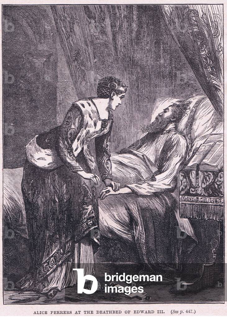 Alice Perrers at the deathbed of Edward III AD 1377 (litho)