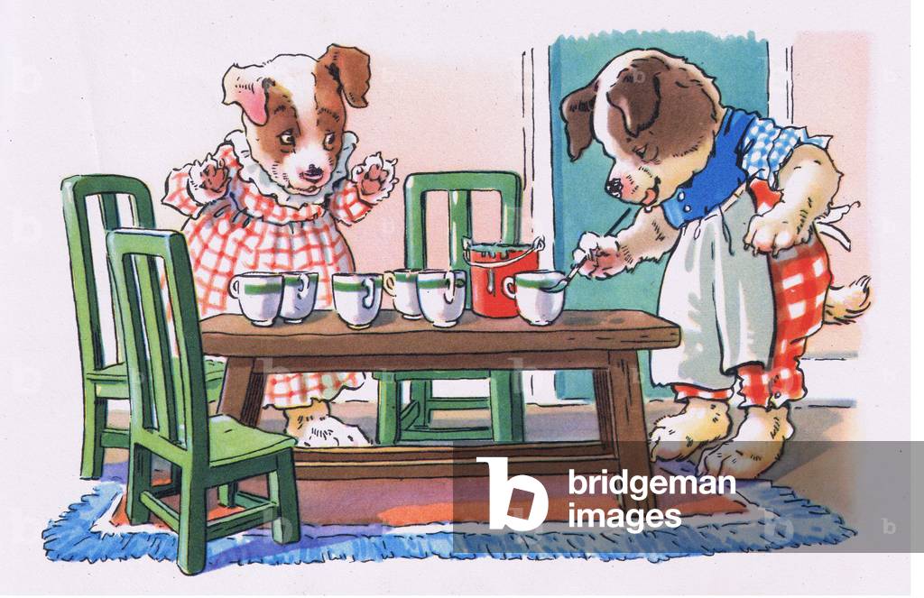 Peter and Polly painting a green rim round the edges of the cups (colour litho)