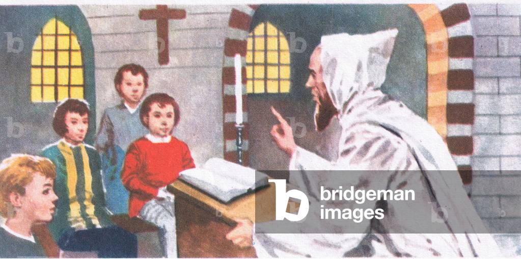 Middle Ages: education provided by monks, from Knowledge Magazine, 1963 (colour litho)