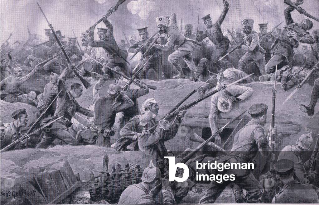 A military assault by the English and Indians on a Germman trench at Ypres , from The Illustrated History of the World War 1914-1915 pub. by Union Berlagsefellfchaft, 1922 Vol. 3 (litho)