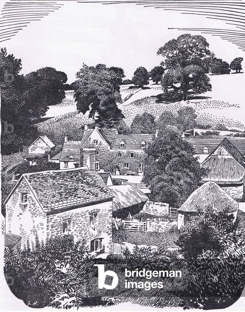 A Cotswold stone village, illustration from The Children's Nature Book published by Odhams, 1958 (litho)