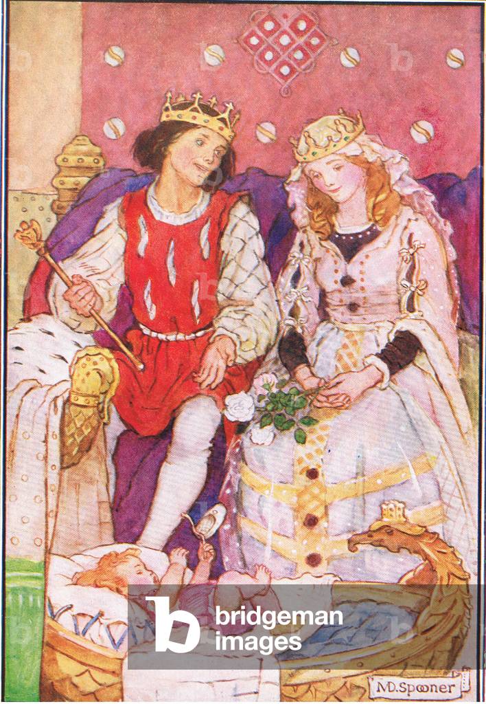 Their baby was in a golden cradle at their feet (from the story The Magic Candles), illustration from A Staircase of Stories published by Thomas Nelson & Sons Ltd 1940's (colour litho)