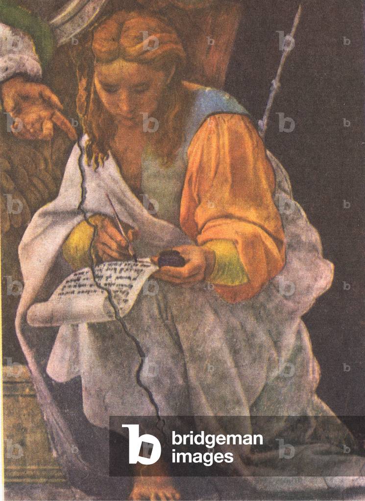 A detail from the disputation concerning the Blessed Sacrament from a fresco in the Vatican, from Knowledge Magazine, 1963 (colour litho)