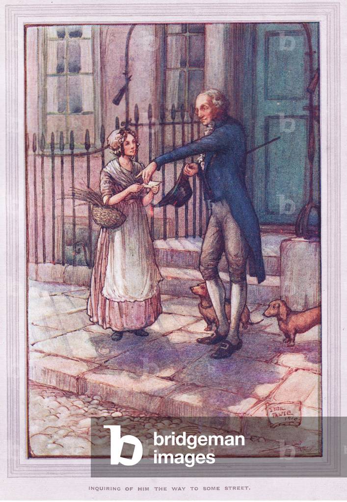 Inquiring of him the way to some street (colour litho)