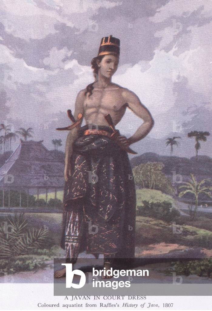 A Javan in court dress (Raffles History of Java 1807), from British Adventure published by Collins, 1947 (colour litho)