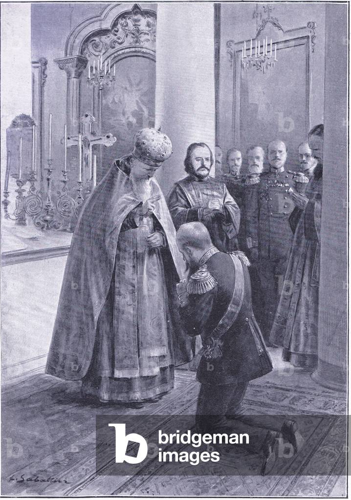 Father John of Cronstadt blessing Admiral Makaroff on his departure to succeed Admiral Stark at Port Arthur, illustration from'Cassells History of the Russo-Japanese War Vol 1', c.1900