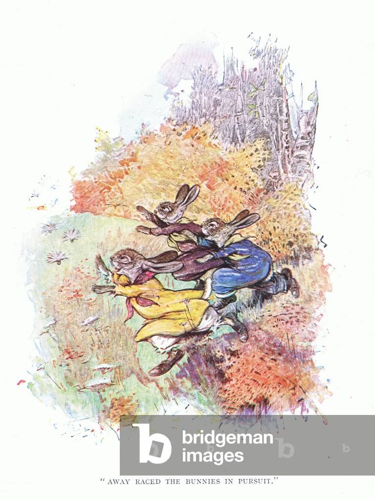 Away race dthe bunnies in pursuit, from The Brown's of Brambledown published by Ward Lock & Co Limited 1947 (colour litho)