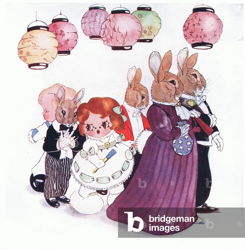 At the ball there were rows and rows of chinese lanterns, illustration from'The Peek-a Boos Among the Bunnies', c.1920 (colour litho)