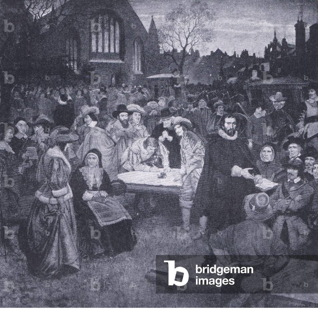 The signing of the National Covenant, in Greyfriars Churchyard, 1638, illustration from The History of the British People published by Waverley, c.1940 (litho)