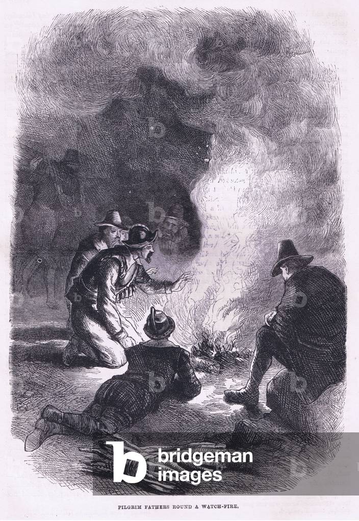 Pilgrim Father's around a watch fire, illustration from Cassell's History of the United States pub. by Petter & Galpin c.1890 (litho)