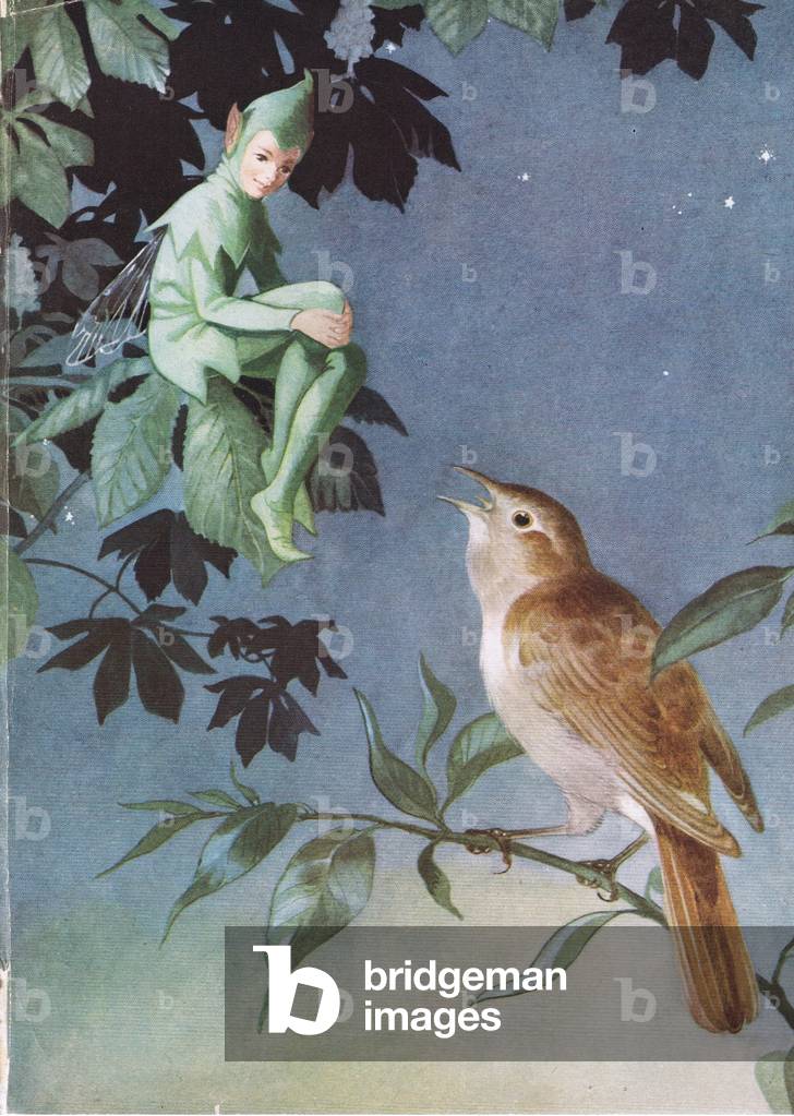 The nightingale sings for Pip, illustration from 'The Third Holiday Book' by Enid Blyton, published in 1948 (colour litho)