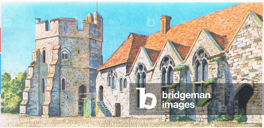 Stokesay Castle, built in 13th century: A fine manor house, from Knowledge Magazine, 1963 (colour litho)