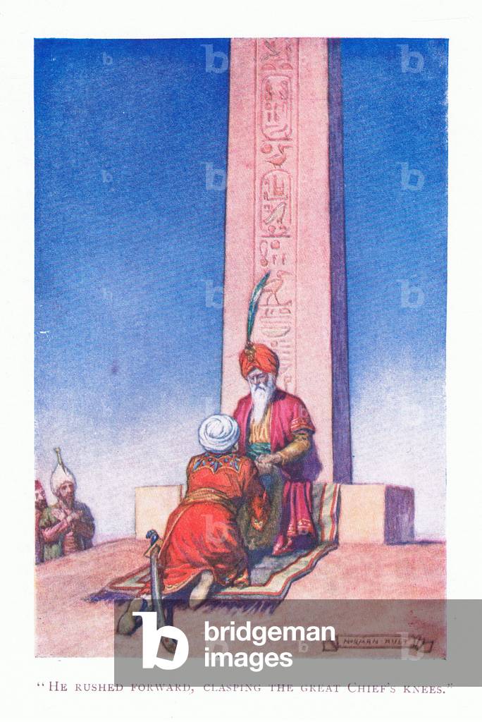 He rushed forwards, clasping the great chief's knees, 1928 (colour litho)