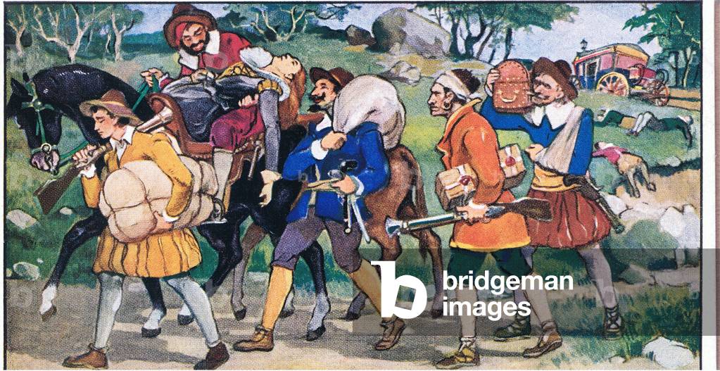 Gill Blas of Santillane: Attack on the coach, from colour Liebig postcards, 1940's (colour litho)