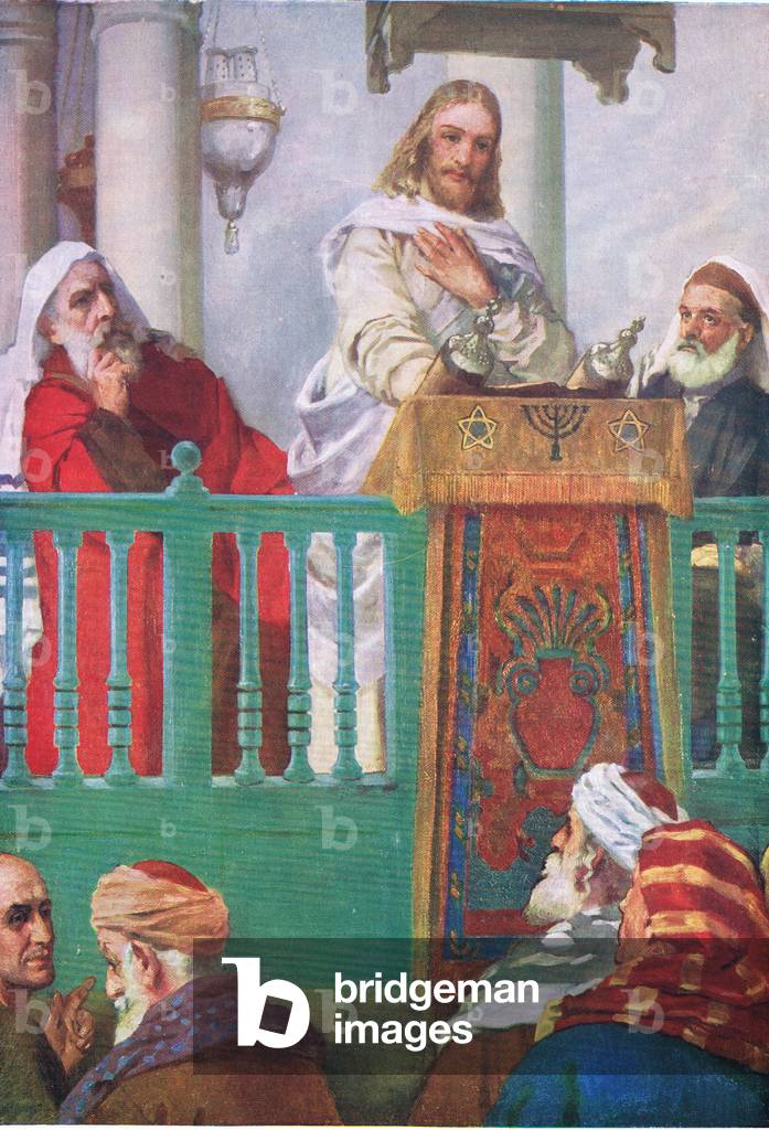In the synagogue at Capernaum, from The Bible Picture Book published by Thomas Nelson, c.1950 (colour litho)