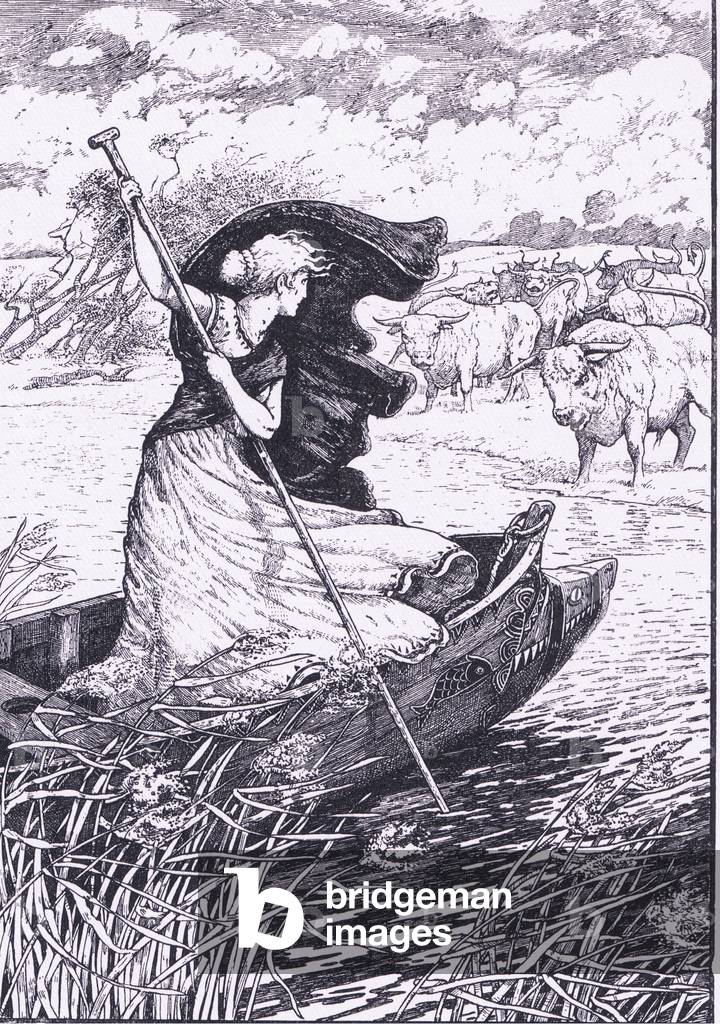 She unloosed the rope, and pushed out into the stream, illustration from 'Children of the Dawn ', 1925 (litho)