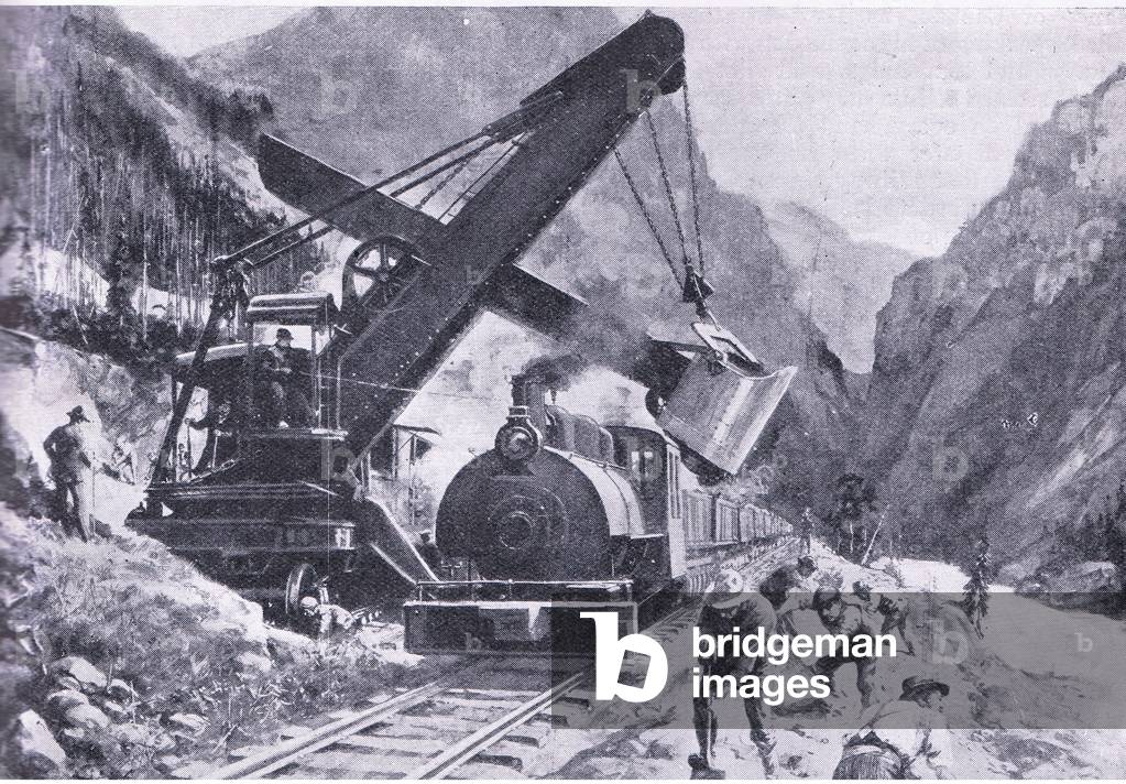 Carrying the Canadian Pacific Railway across the Rockies , illustration from'Cassell's Romance of Famous Lives', c.1940 (litho)