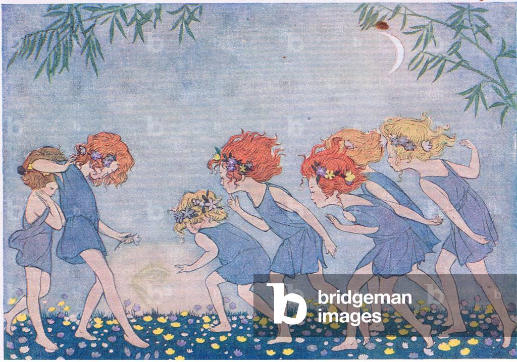 On the bank of Buttercups they saw a tiny light, illustration from My Magazine (Arthur Mee), c.1920-30 (colour litho)