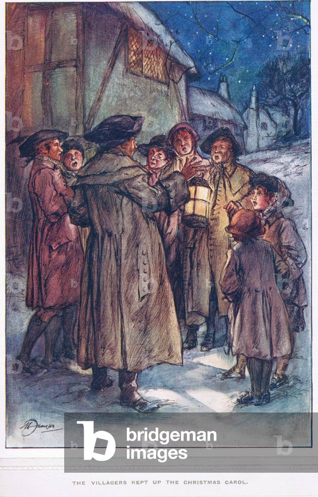 The Villagers kept up the Christmas Carol, illustration from 'The Vicar of Wakefield' by Oliver Goldsmith, c.1910 (colour litho)