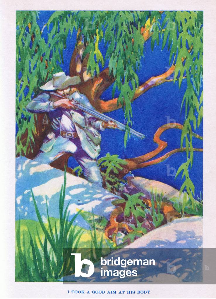 I took aim at his body, from The Childrens Hour: Adventures and Achievements published by Waverley Book Company, c.1930 (colour litho)