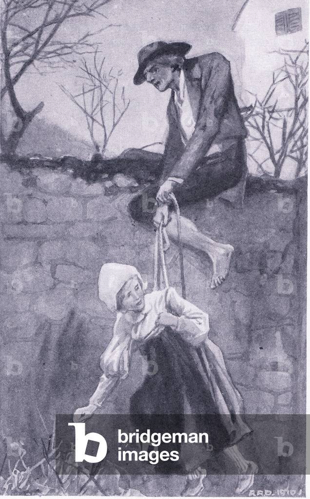 Jean Valjean escapes over a wall into the convent with Cosette (Les Miserables), illustration from'The World's Library of Best Books', c.1940 (litho)