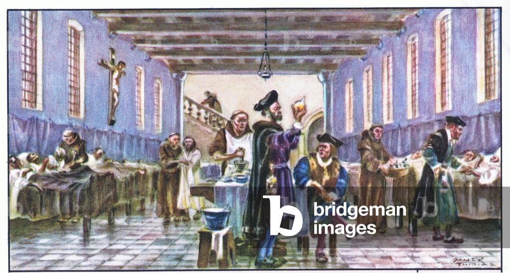 The hospital of Metz, illustration from Liebig Trade cards Francois Rabelais, 1930's (colour litho)