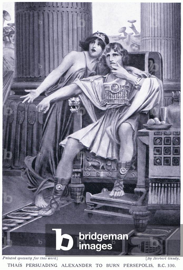 Thais persuading Alexander to burn Persepolis 330 BC (litho)