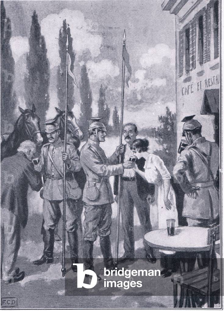 Uhlans forcing villagers to test the drinks, from The Great War The Amalgamated Press Limited, 1914 (colour litho)