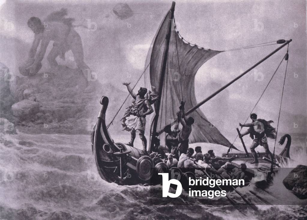 Ulysses deriding the Cyclops, from MacMillan school posters, c.1950-60s (litho)