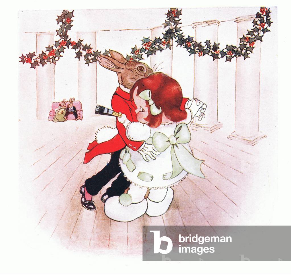 Matilda danced with Alfred in his red coat, illustration from'The Peek-a Boos Among the Bunnies', c.1920 (colour litho)