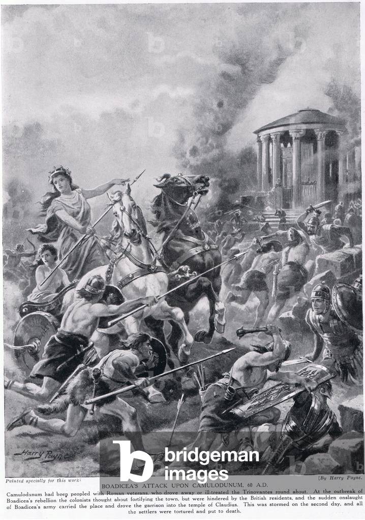 Boadicea's attack on Camulodunum, illustration from 'Hutchinson's History of the Nations', c.1910 (litho)