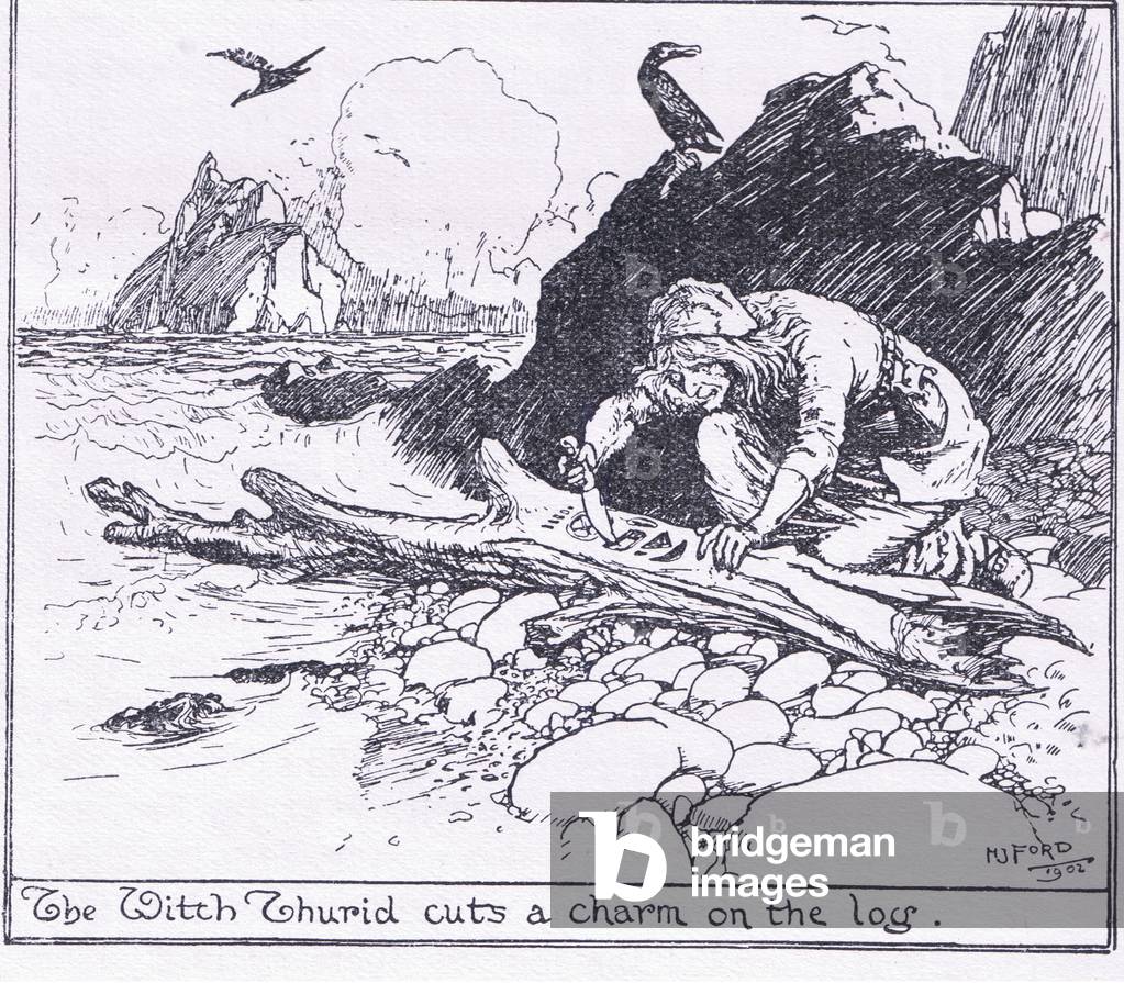 The witch Thurid cuts a charm on the log, illustration from The Book of Romance published by Longmans Green and Co, 1919 (litho)