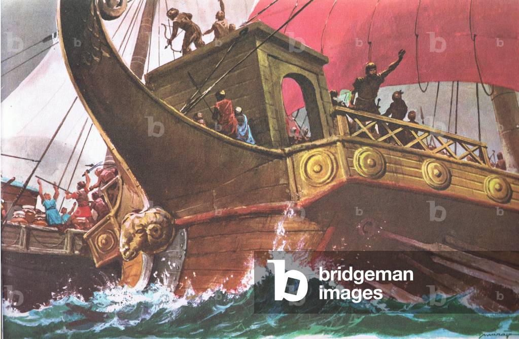 Pirates boarding a Roman merchant ship in the Mediterranean, from Knowledge Magazine, 1963 (colour litho)