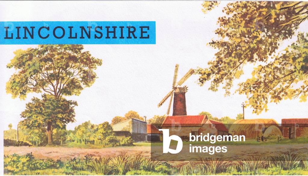 Lincolnshire: Flat countryside with the windmill at Sibsey, from Knowledge Magazine, 1963 (colour litho)