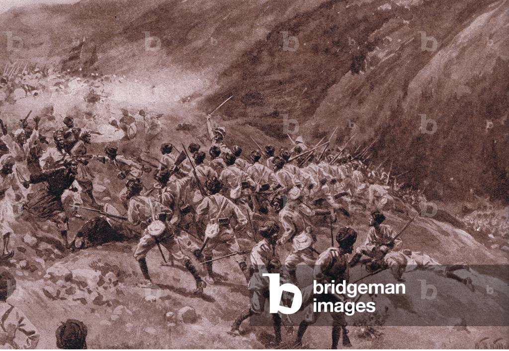 An incident in Mamund Valley: surprise attack near Shahi 16th September 1897, from Winston Churchill published by Illustrated London News pub.1954 (litho)