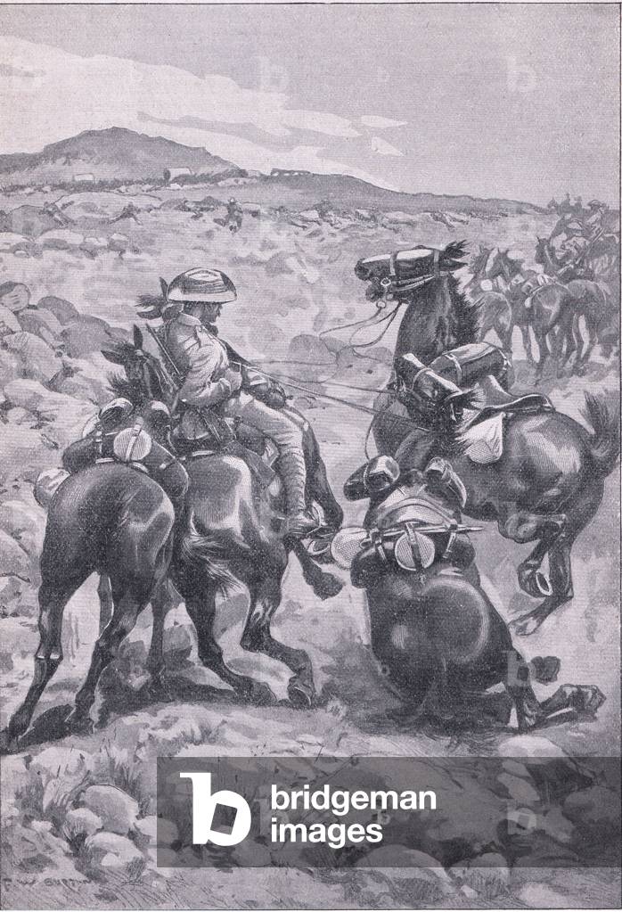 On the heels of De Wet:mounted infantry attacking a waggon train (litho)