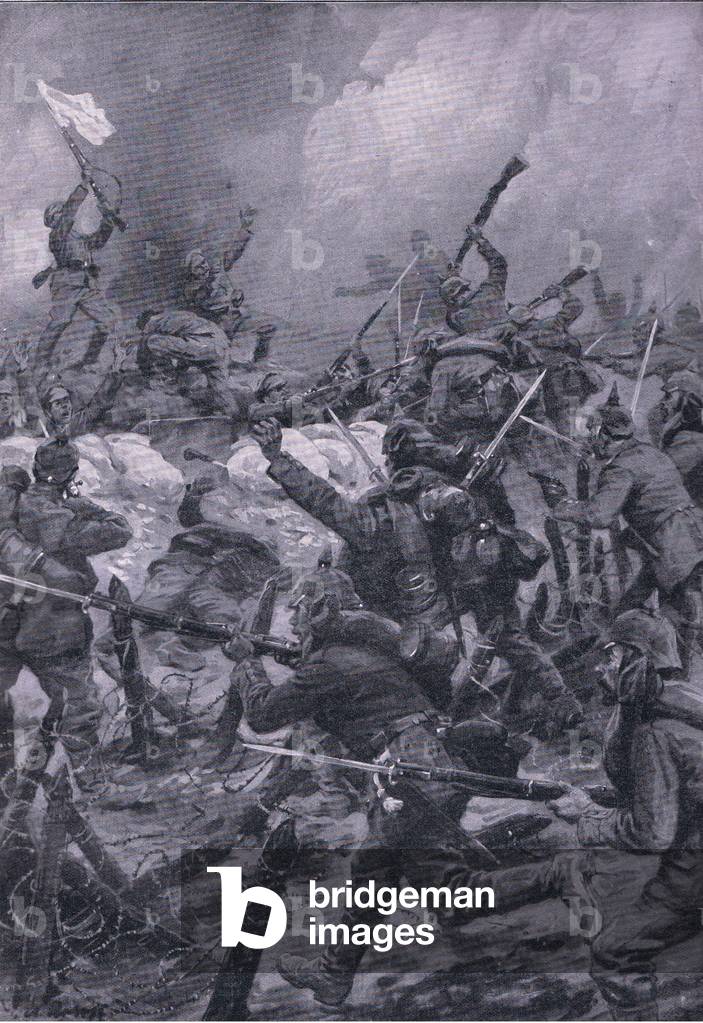 The storming of the redoubts of Patolenta on the fringes of Prasznysz, from The Illustrated History of the World War 1914-1915 pub. by Union Berlagsefellfchaft, 1922 Vol. 3 (litho)