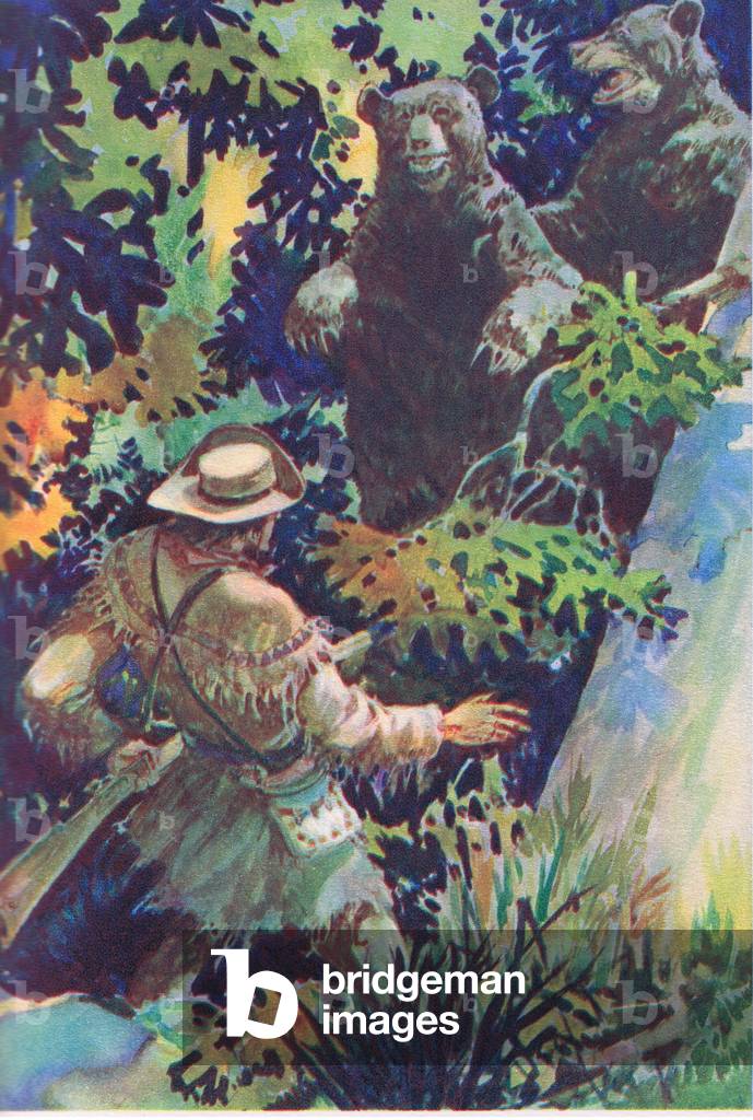 Two enormous grizzly bears, from The Childrens Hour: Adventures and Achievements published by Waverley Book Company, c.1930 (colour litho)