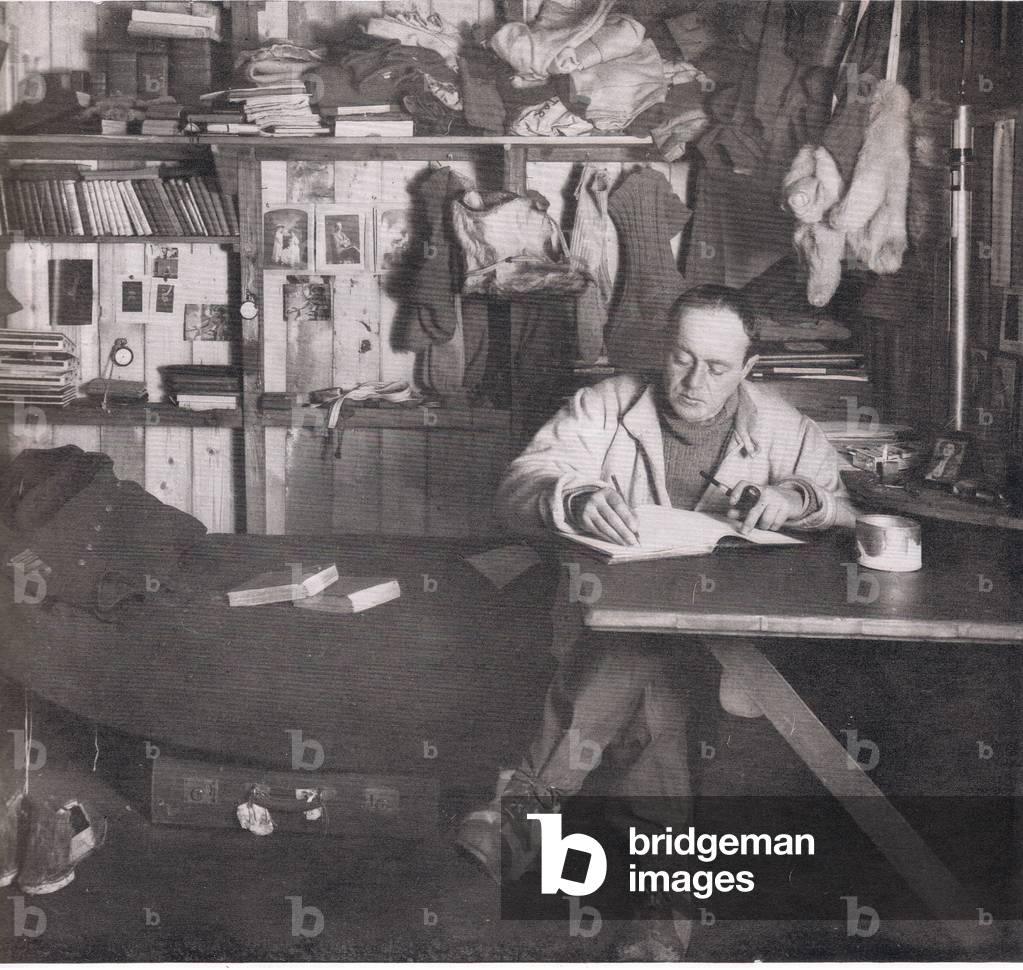 Captain Scott writing in his diary at Cape Evans, Bibbys Annual, 1916-17 (lithograph)