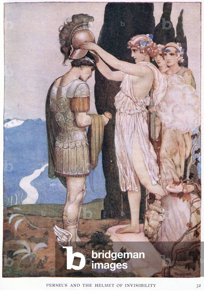 Perseus and the helmet of invisibilty, c.1920 (colour litho)