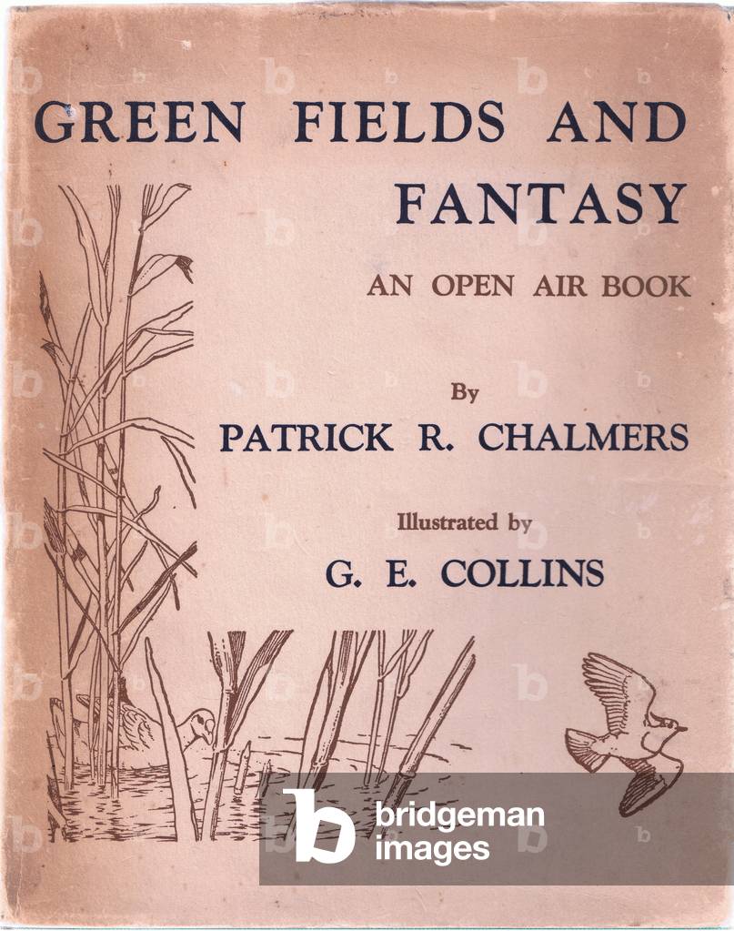 Dust wrapper design, illustration from Green Fields and Fantasy published by Metheun, 1934 (litho)